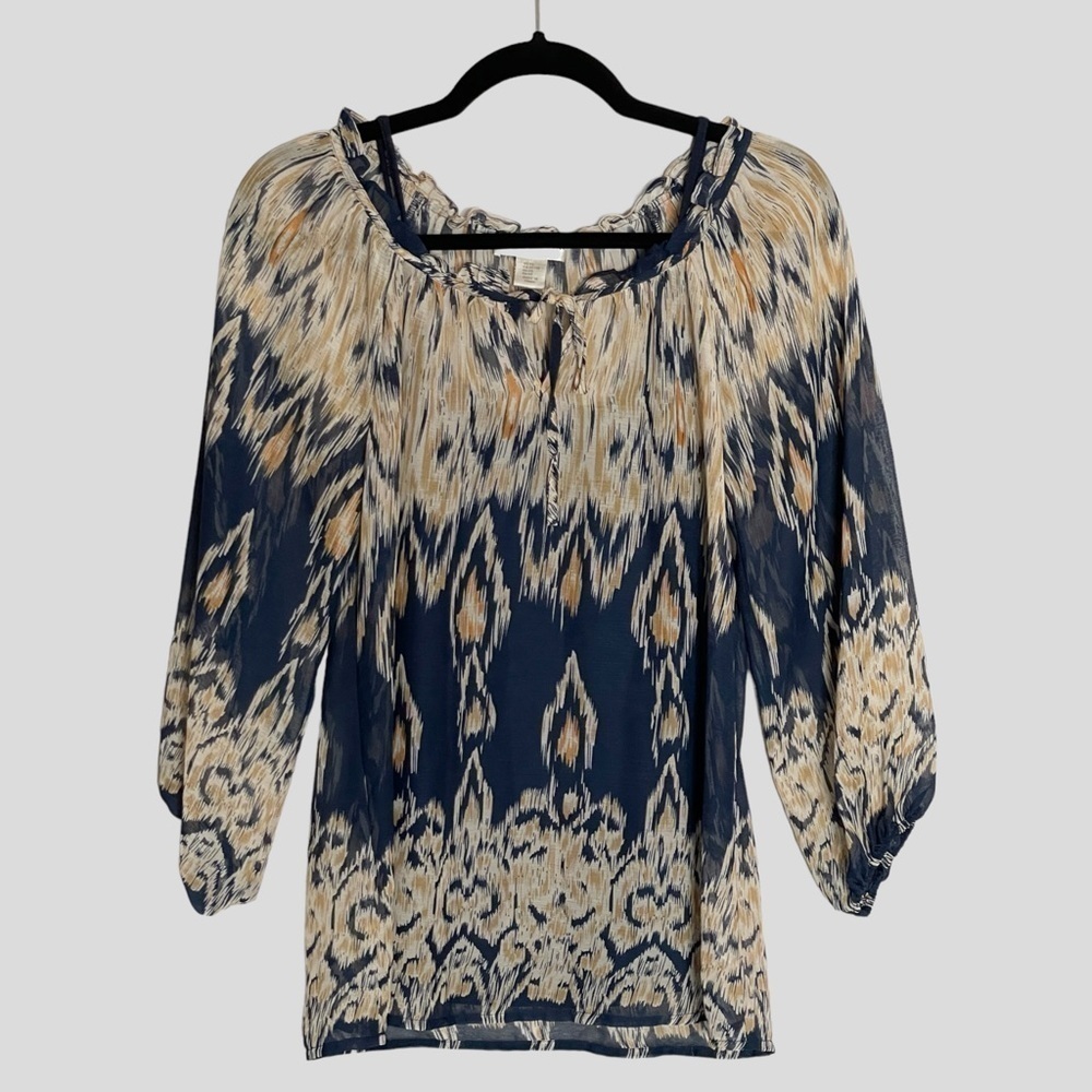 🌺 Kenar Boho Ikat Navy Tie Neck Lightweight Blouse Size XS